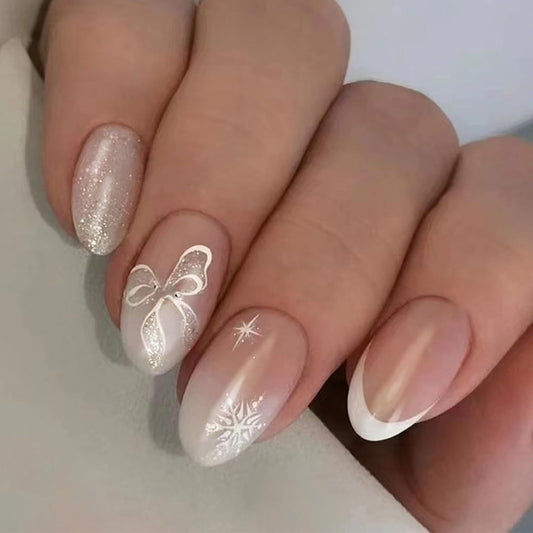 White Ombre Press On Nails ✨ Medium Almond Glitter Bow Snowflake Nails (24pc)