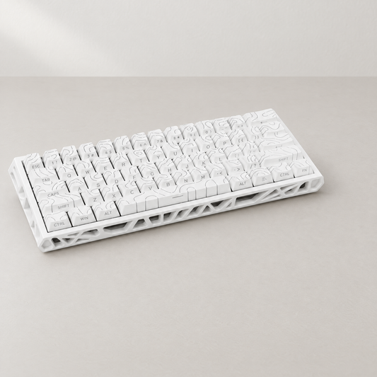 White NC61 keyboard with contour-pattern keycaps and open lattice case on a neutral tabletop