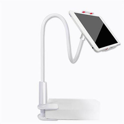 White flexible phone stand with screw-adjusted clamp shown in use; device not included