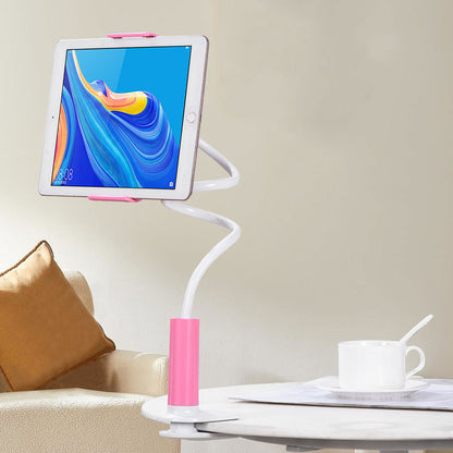 Pink clamp-on phone stand shown in use on a table; device not included