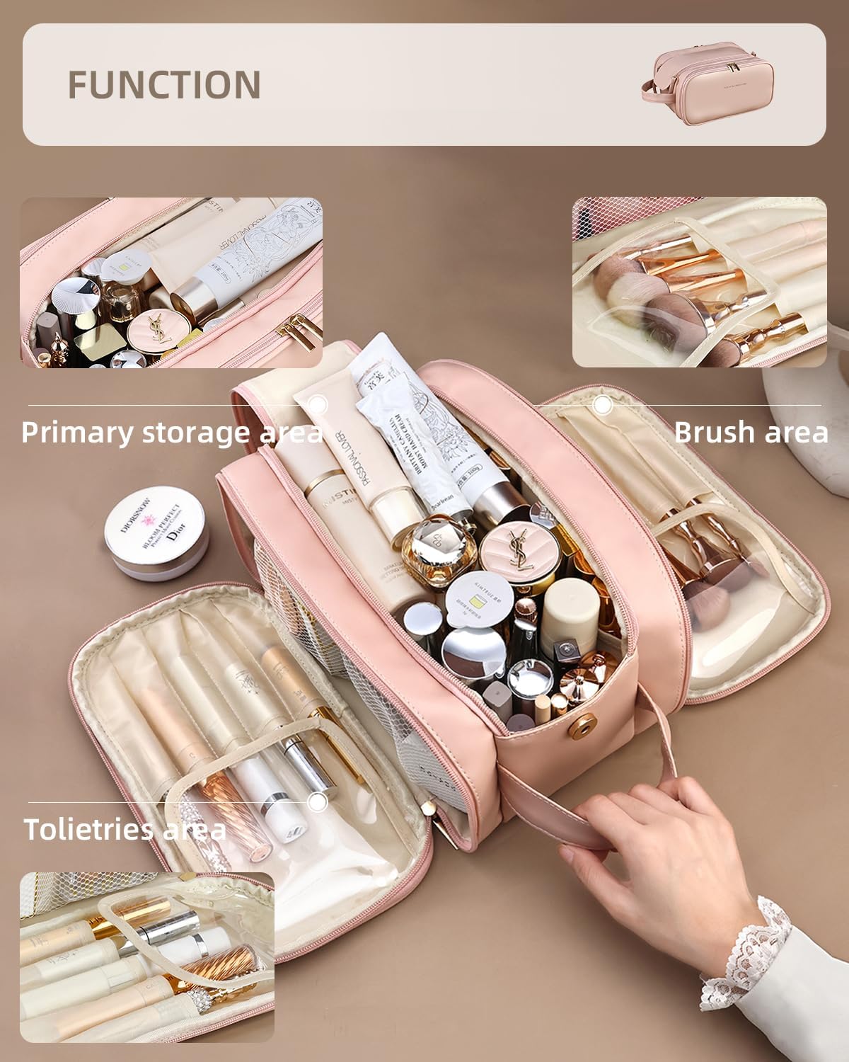 Pink travel makeup bag with wide opening – view 5
