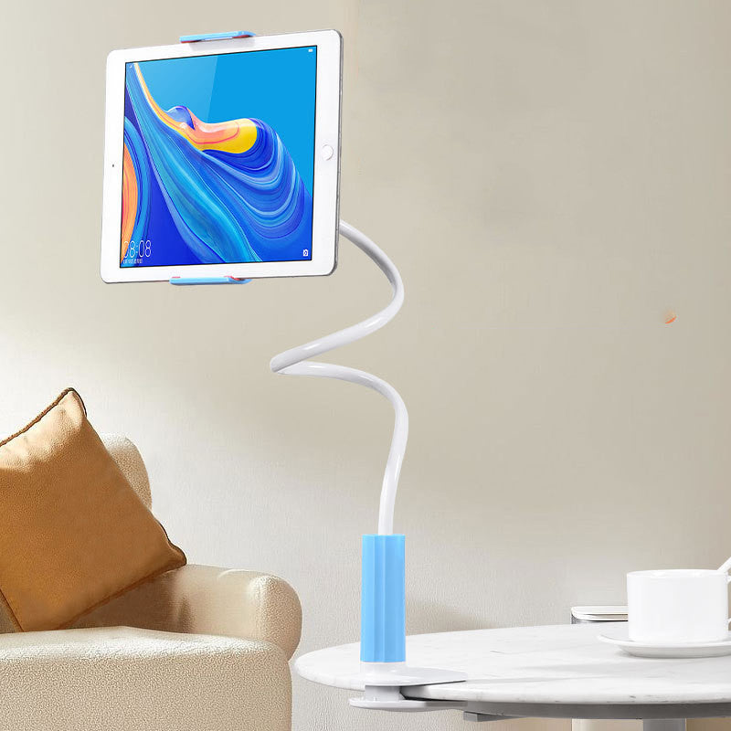 Blue clamp-on phone stand shown in use on a table; device not included