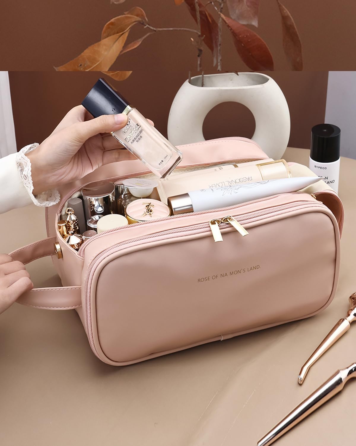 Pink travel makeup bag with wide opening – view 6