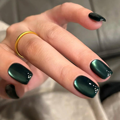 Dark Green Cat Eye Press On Nails ✨ Glossy Short Square Ombre Acrylics (30pc)