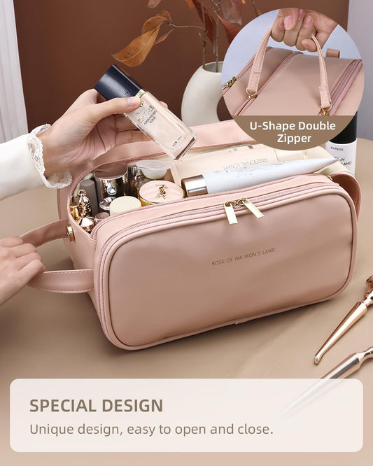 Pink travel makeup bag with wide opening – view 2