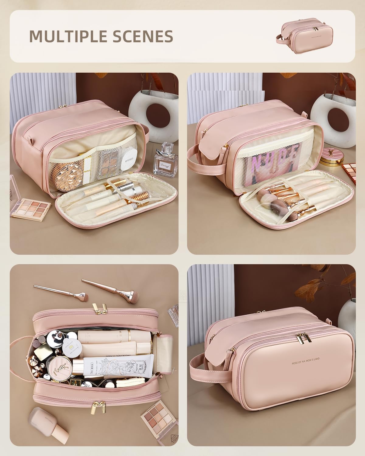 Pink travel makeup bag with wide opening – view 7