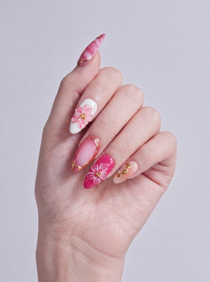 Pink Gilded Almond False Nails – Reusable Press-On Set