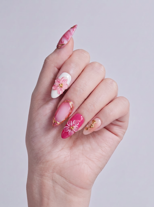 Pink Gilded Almond False Nails – Reusable Press-On Set