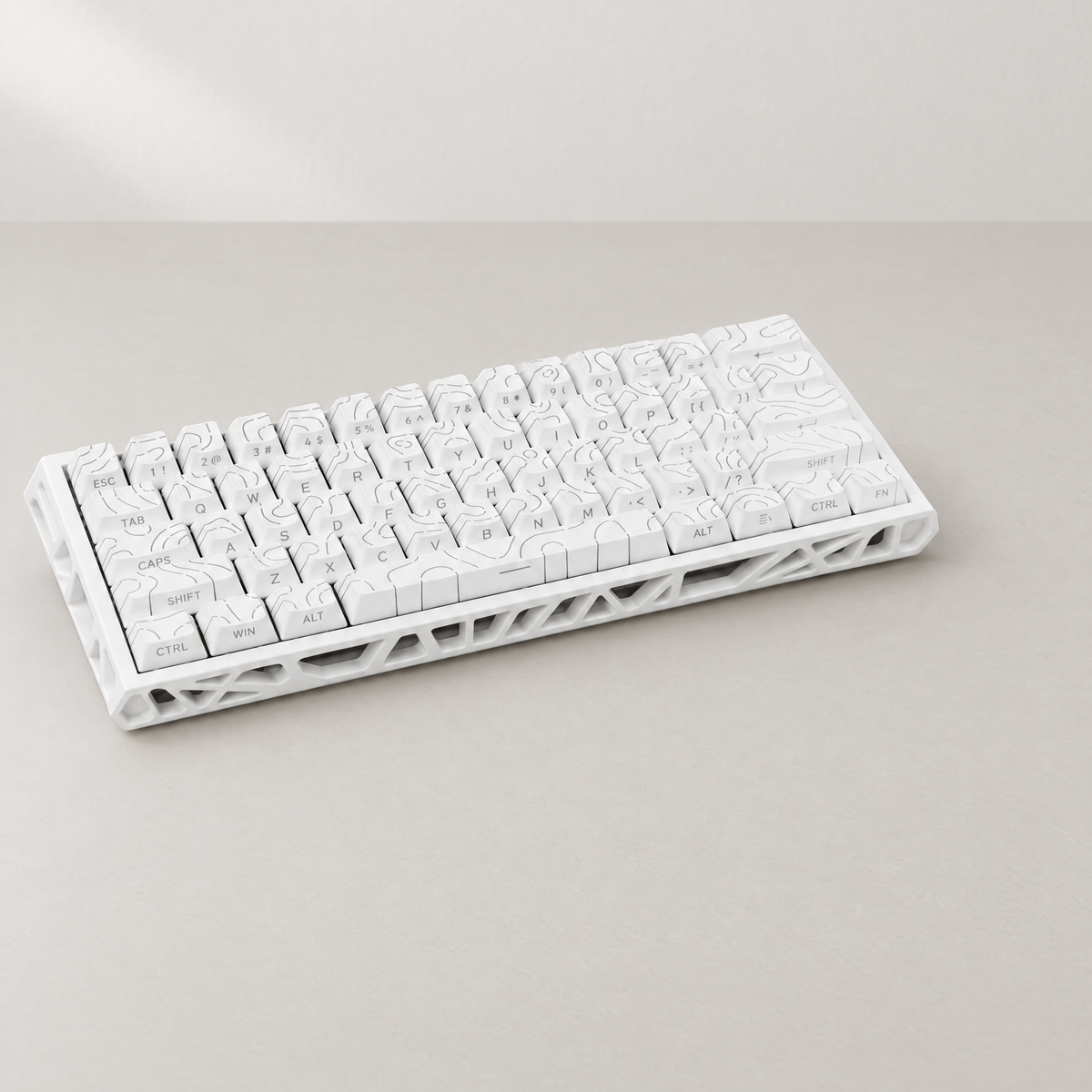 White NC61 keyboard with contour-pattern keycaps and open lattice case on a neutral tabletop