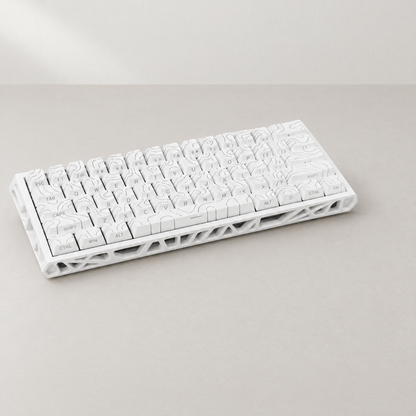 White NC61 keyboard with contour-pattern keycaps and open lattice case on a neutral tabletop