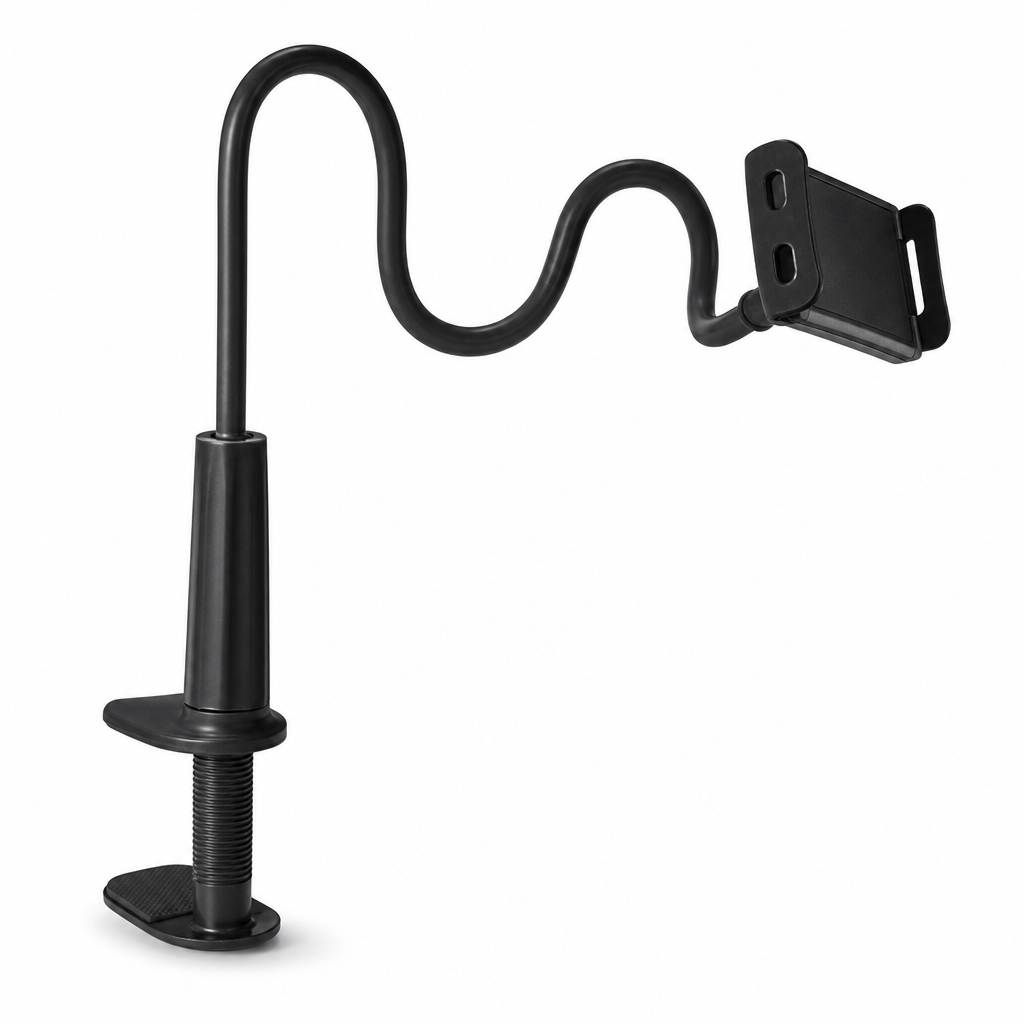 Black flexible clamp-on phone stand with empty rotating holder on a white background