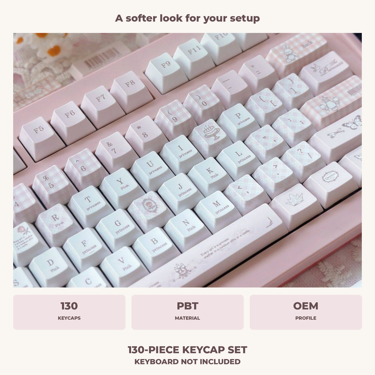 Close-up of the keycap artwork with verified 130-keycap, PBT material and OEM profile details; keyboard not included.