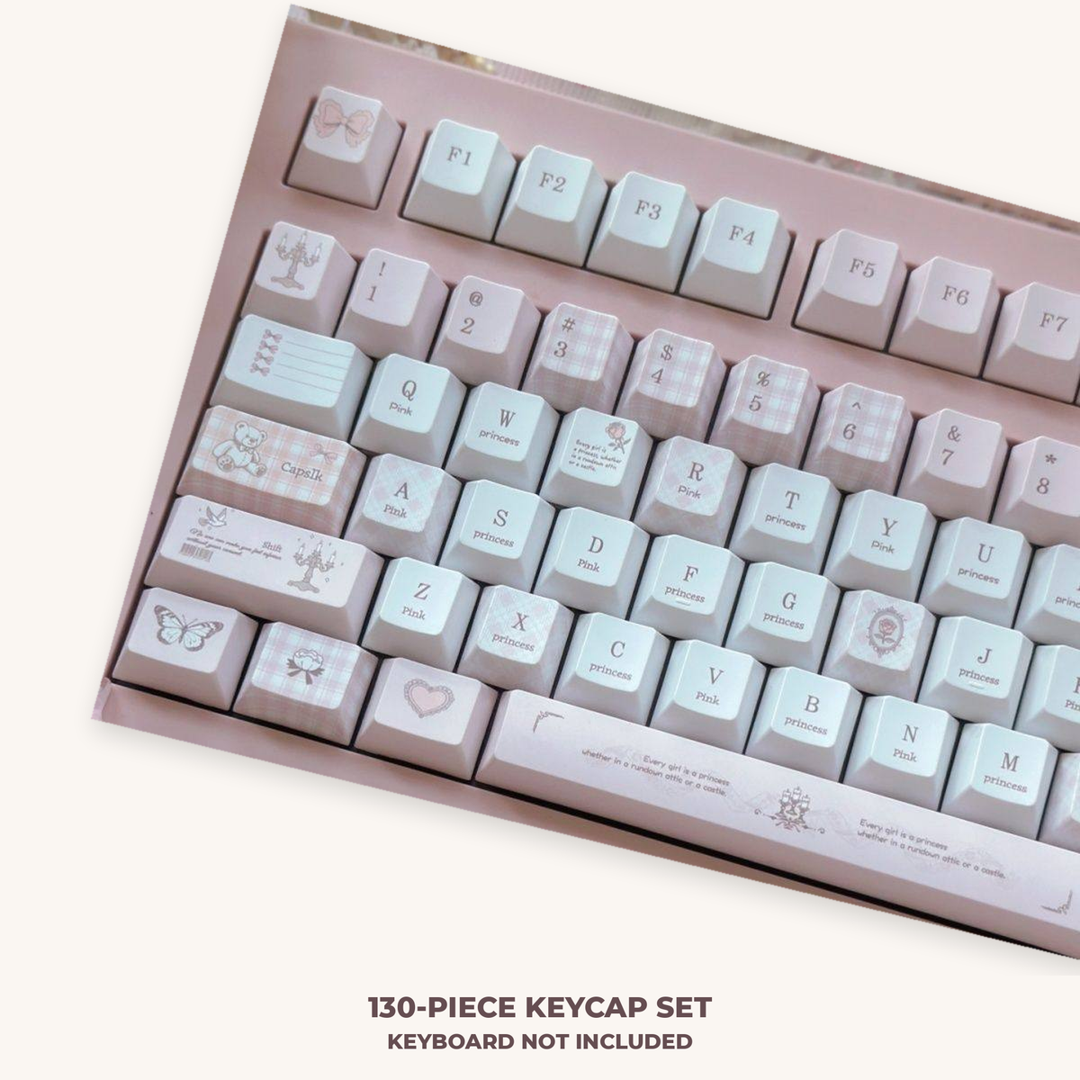 Pink and white love-themed PBT keycaps installed for display; 130-piece keycap set only, keyboard not included.